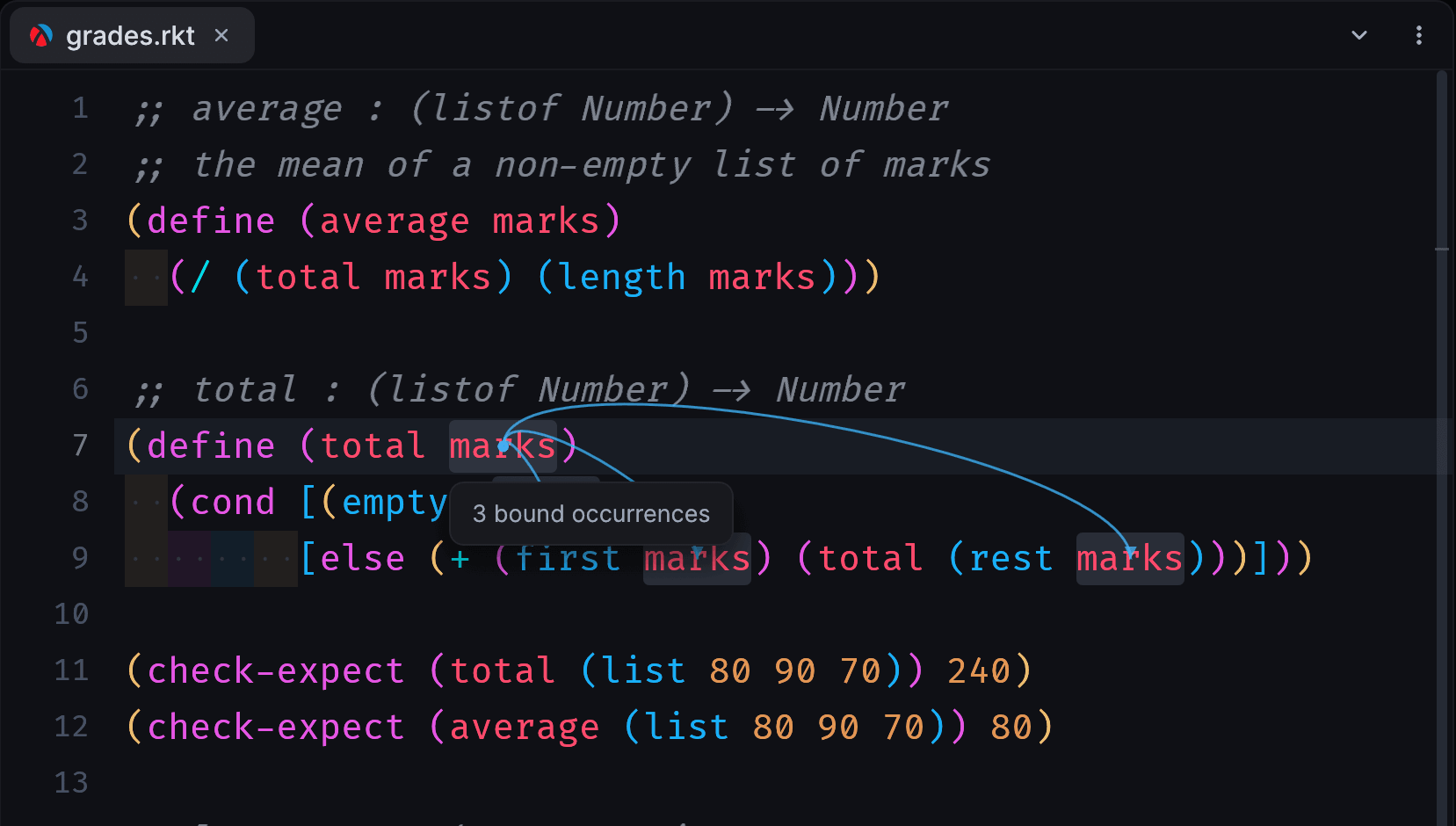 Check syntax arrows from the parameter marks to its three uses, with a tooltip reading 3 bound occurrences.