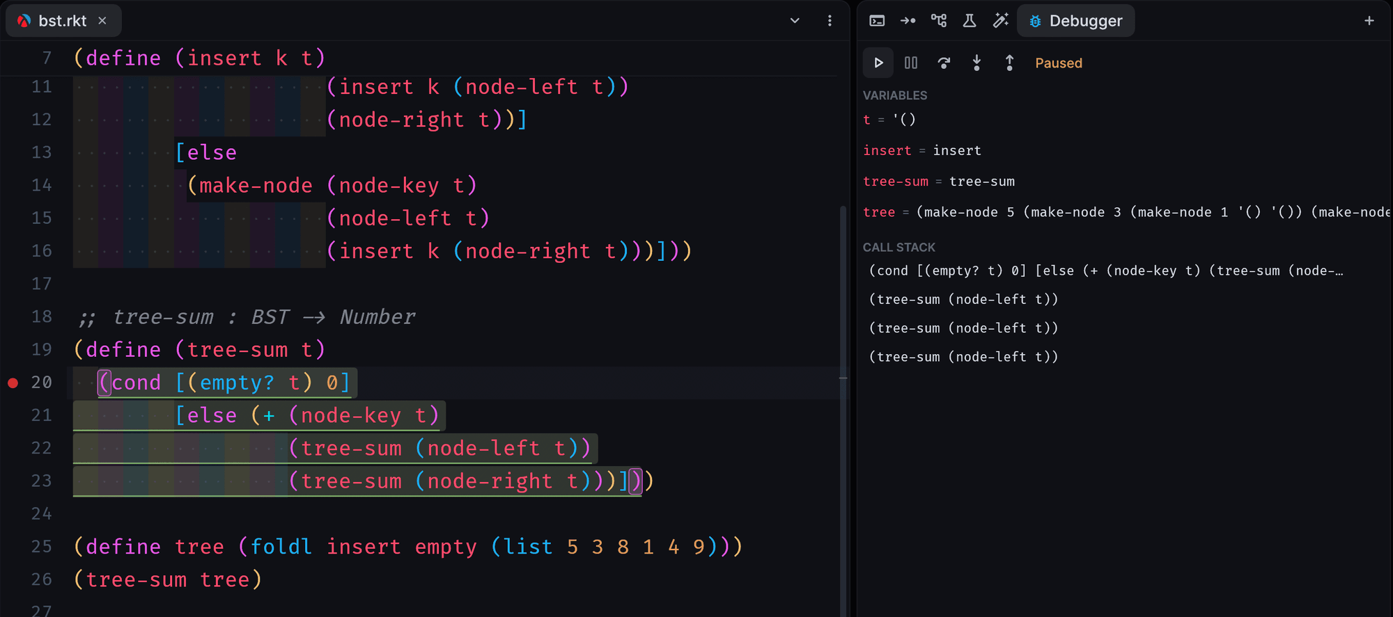 The debugger paused at a breakpoint inside tree-sum, with variables and a call stack of recursive calls.