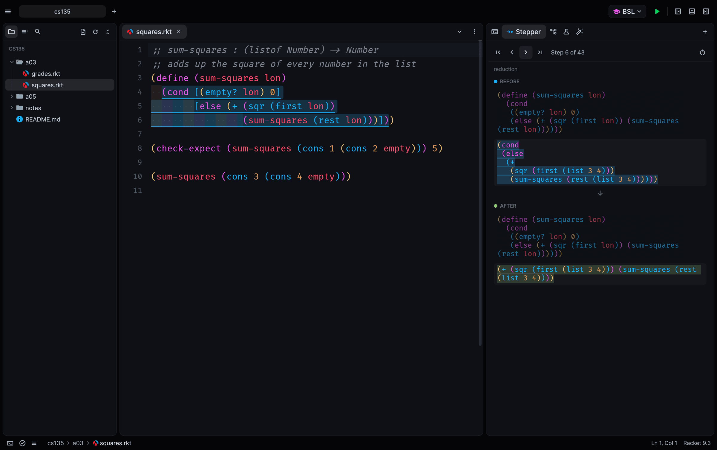 The stepper showing a cond expression before and after one reduction, with the matching code highlighted in the editor.